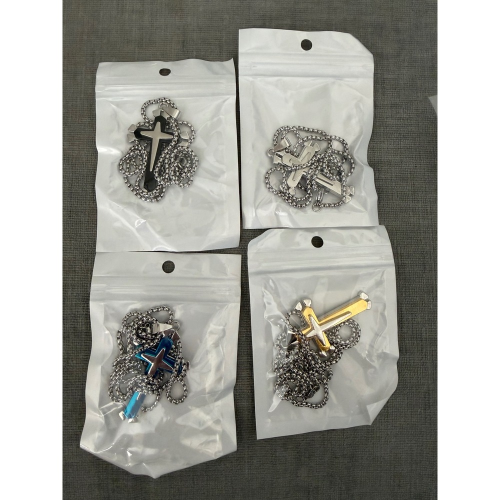 4-Pack Christian Cross Necklaces – Gold, Silver, Black & Blue – Unisex – New